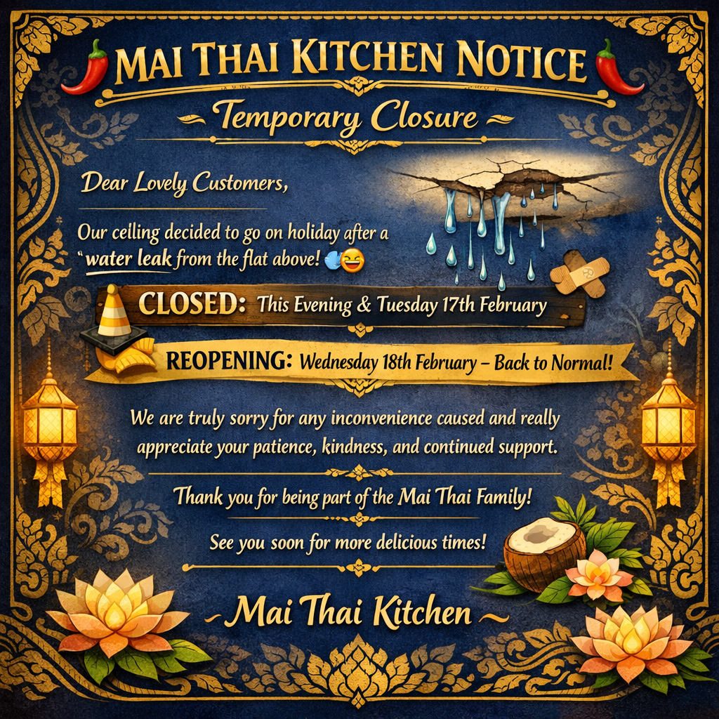 Mai Thai Kitchen closure notice poster